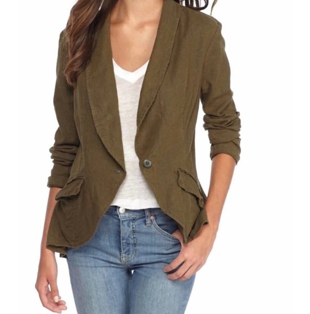 Free People Olive Green Linen Blend Shawl Collar Blazer Jacket Small Boho